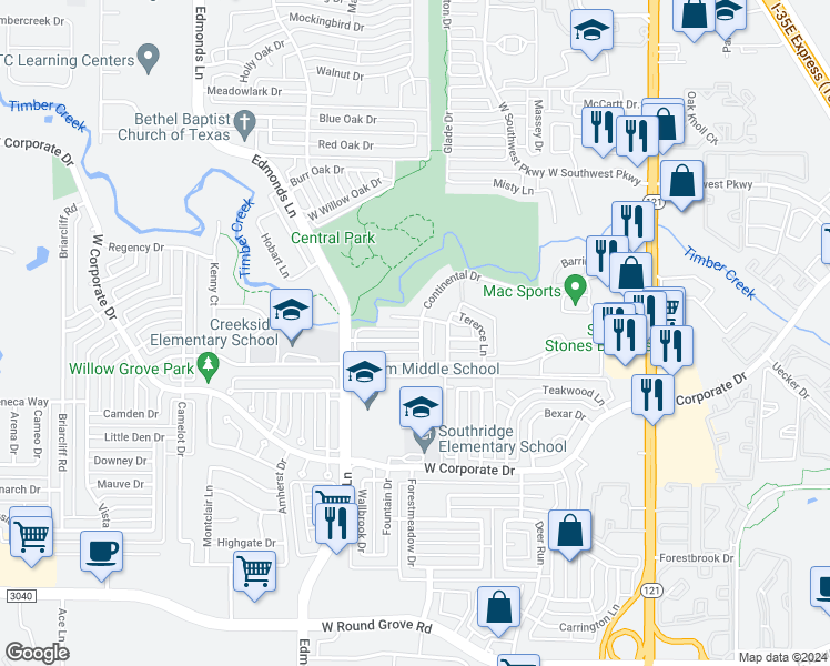 map of restaurants, bars, coffee shops, grocery stores, and more near 501 Timber Way Drive in Lewisville