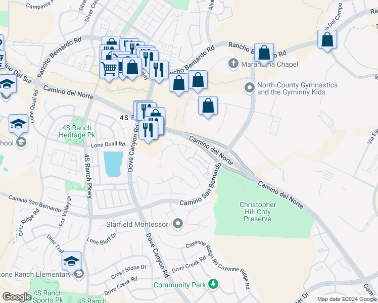 map of restaurants, bars, coffee shops, grocery stores, and more near 10620 Abundante Court in San Diego