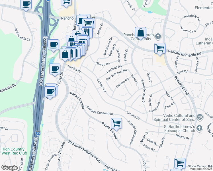 map of restaurants, bars, coffee shops, grocery stores, and more near 12085 Calle De Maria in San Diego
