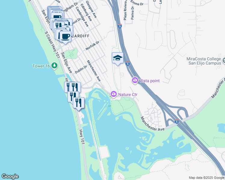 map of restaurants, bars, coffee shops, grocery stores, and more near 2599 Montgomery Avenue in Encinitas