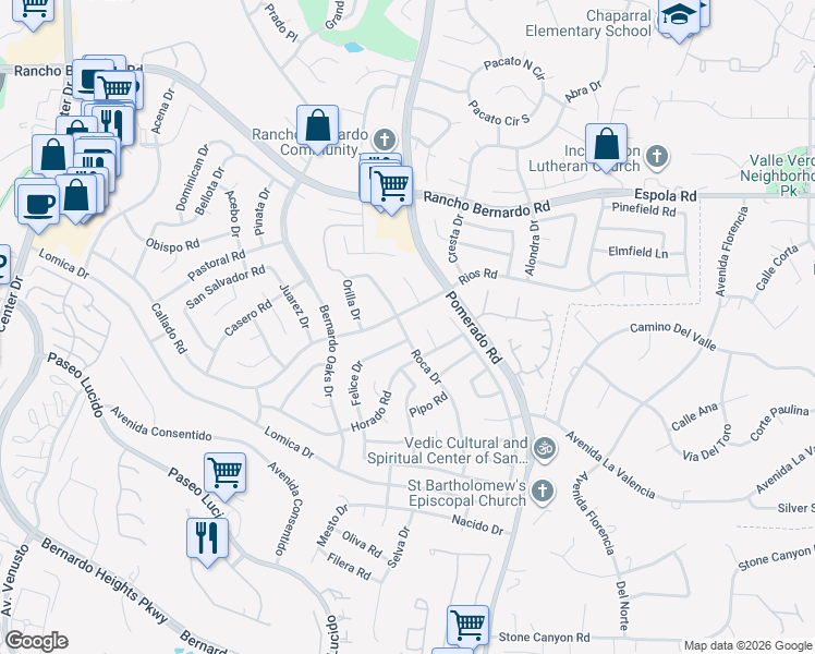 map of restaurants, bars, coffee shops, grocery stores, and more near 16571 Roca Drive in San Diego