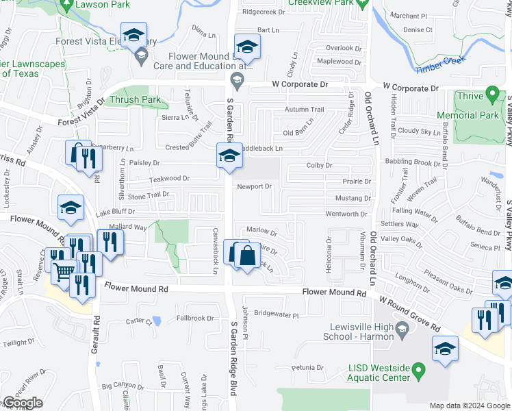 map of restaurants, bars, coffee shops, grocery stores, and more near 2113 Wentworth Drive in Flower Mound