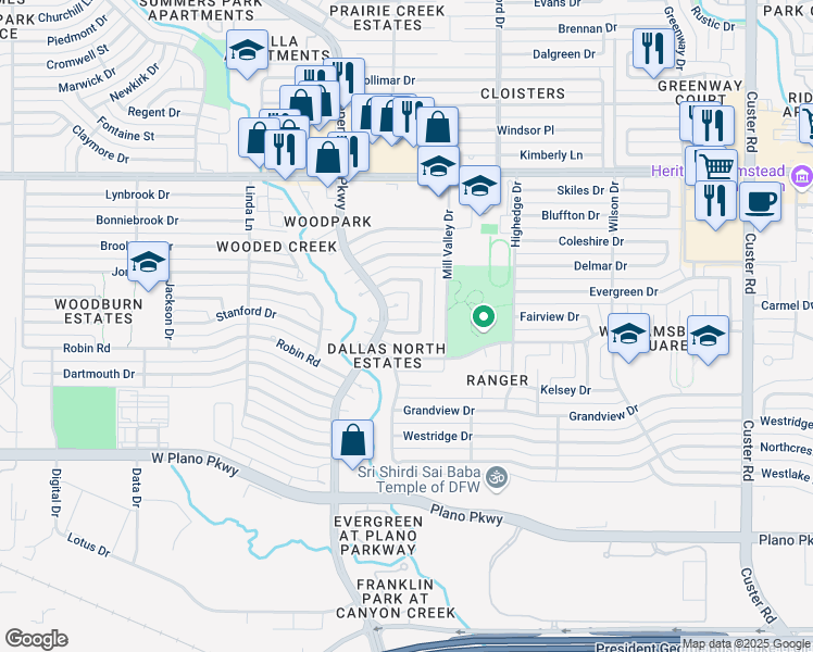 map of restaurants, bars, coffee shops, grocery stores, and more near 1217 Biscayne Drive in Plano
