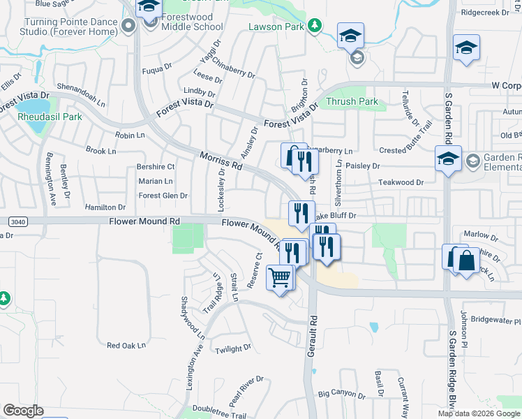 map of restaurants, bars, coffee shops, grocery stores, and more near 1305 Longbow Trail in Flower Mound