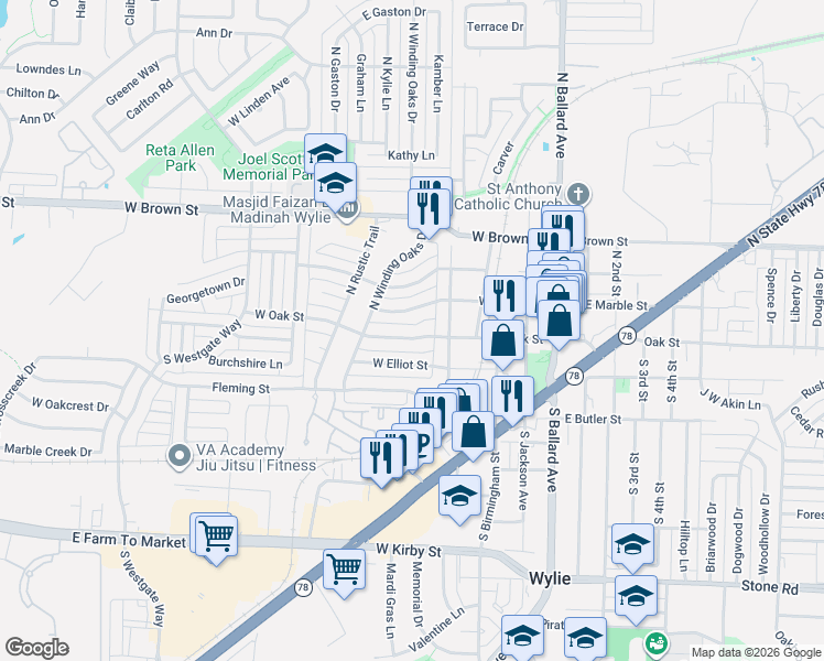 map of restaurants, bars, coffee shops, grocery stores, and more near 409 West Marble Street in Wylie