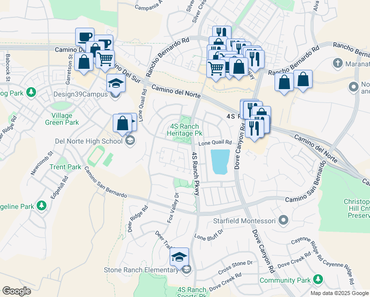 map of restaurants, bars, coffee shops, grocery stores, and more near 16580 Manassas Street in San Diego