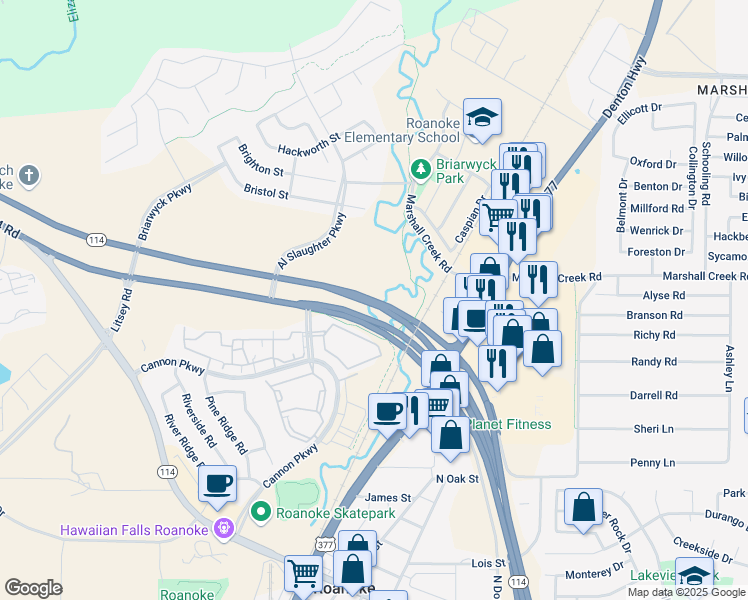 map of restaurants, bars, coffee shops, grocery stores, and more near 1601 U.S. 377 in Roanoke