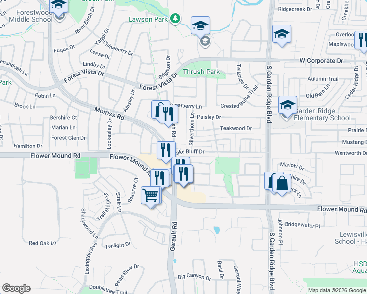 map of restaurants, bars, coffee shops, grocery stores, and more near 1004 Lake Bluff Court in Flower Mound