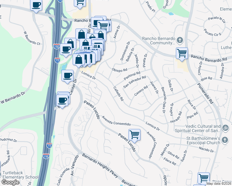 map of restaurants, bars, coffee shops, grocery stores, and more near 12066 Callado Road in San Diego