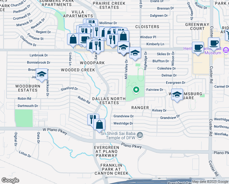 map of restaurants, bars, coffee shops, grocery stores, and more near 1217 Biscayne Drive in Plano