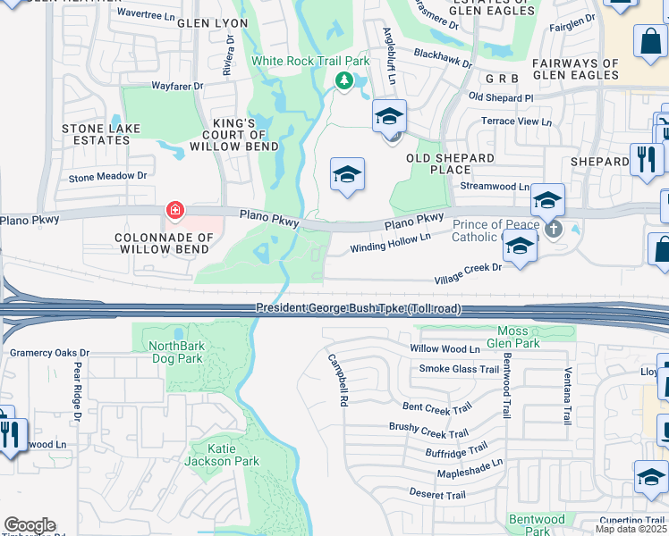 map of restaurants, bars, coffee shops, grocery stores, and more near 5510 West Plano Parkway in Plano