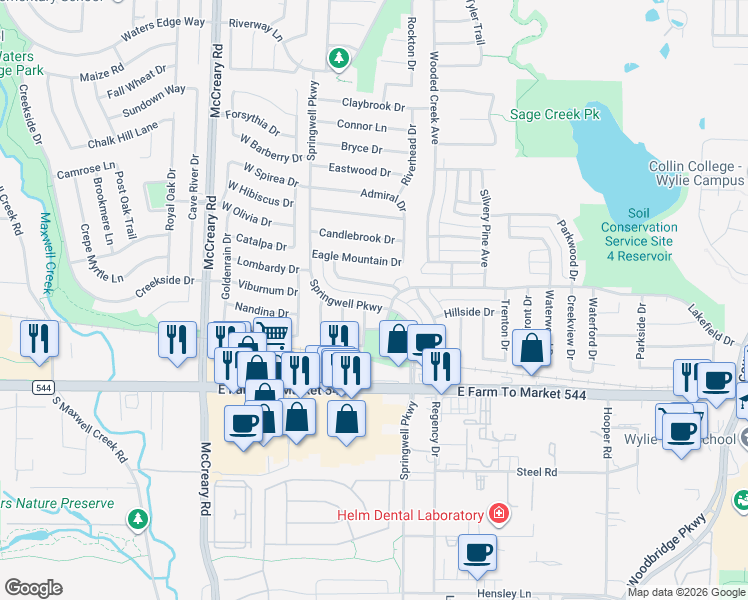 map of restaurants, bars, coffee shops, grocery stores, and more near 3006 Springwell Parkway in Wylie