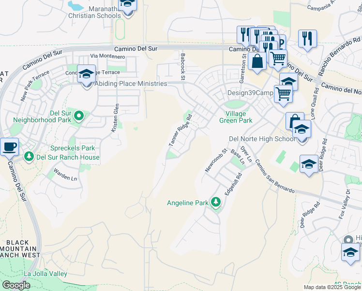 map of restaurants, bars, coffee shops, grocery stores, and more near 15653 Tanner Ridge Road in San Diego