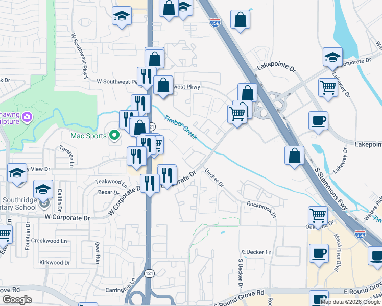 map of restaurants, bars, coffee shops, grocery stores, and more near 265 East Corporate Drive in Lewisville