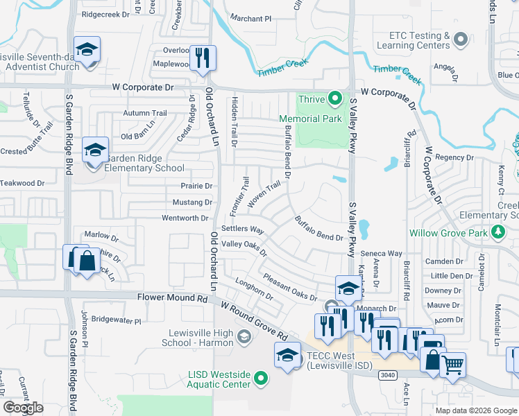 map of restaurants, bars, coffee shops, grocery stores, and more near 2015 Woven Trail in Lewisville