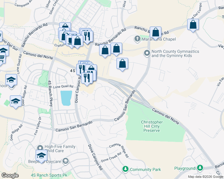 map of restaurants, bars, coffee shops, grocery stores, and more near 16985 Abundante Street in San Diego
