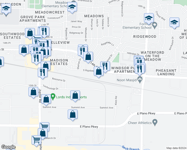 map of restaurants, bars, coffee shops, grocery stores, and more near 3100 South Rigsbee Drive in Plano