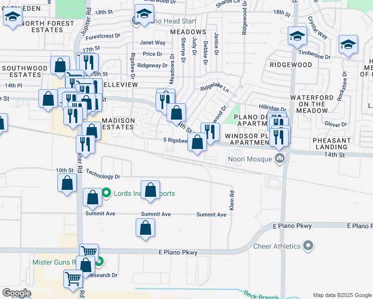 map of restaurants, bars, coffee shops, grocery stores, and more near 3100 South Rigsbee Drive in Plano