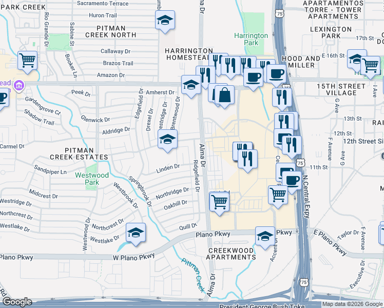 map of restaurants, bars, coffee shops, grocery stores, and more near 1021 Ridgefield Drive in Plano