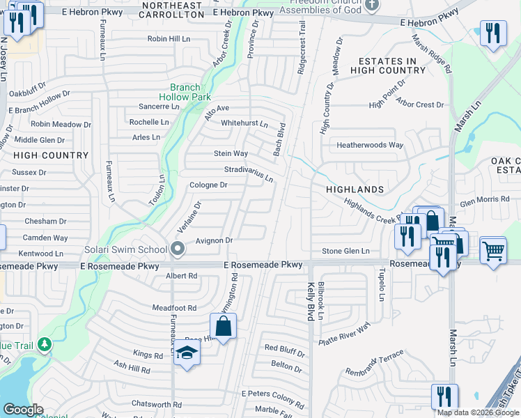 map of restaurants, bars, coffee shops, grocery stores, and more near 3831 Clover Hill Lane in Carrollton