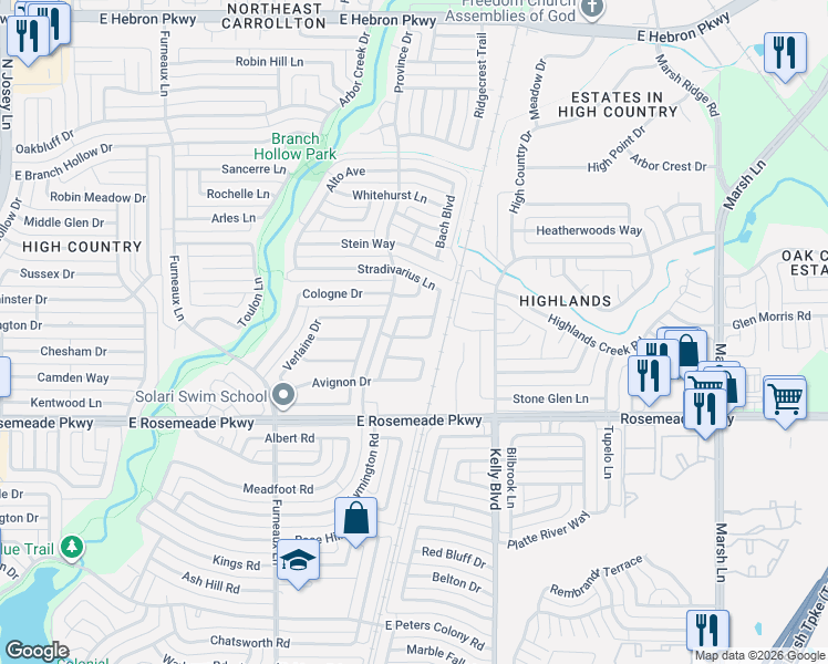 map of restaurants, bars, coffee shops, grocery stores, and more near 3831 Clover Hill Lane in Carrollton