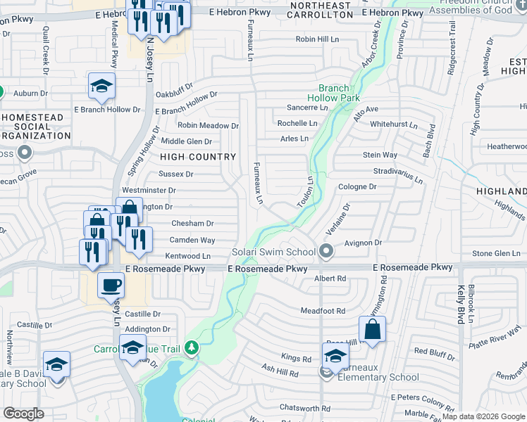 map of restaurants, bars, coffee shops, grocery stores, and more near 2003 Toulon Lane in Carrollton