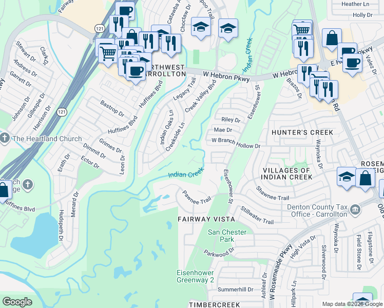 map of restaurants, bars, coffee shops, grocery stores, and more near 3821 Island Court in Carrollton