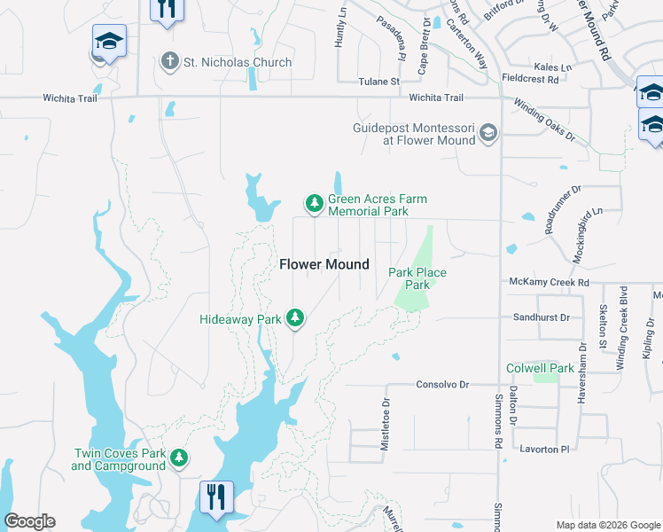 map of restaurants, bars, coffee shops, grocery stores, and more near in Flower Mound
