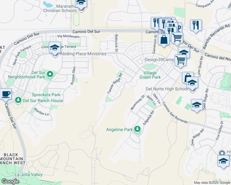 map of restaurants, bars, coffee shops, grocery stores, and more near 15653 Tanner Ridge Road in San Diego