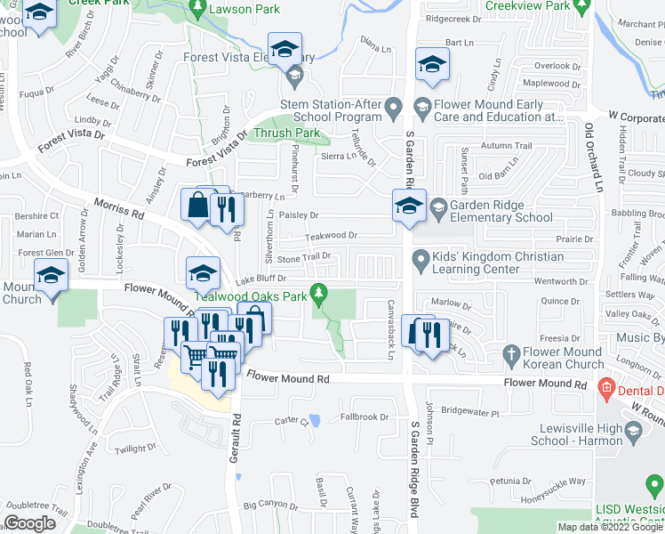 map of restaurants, bars, coffee shops, grocery stores, and more near 720 Stone Trail Drive in Flower Mound
