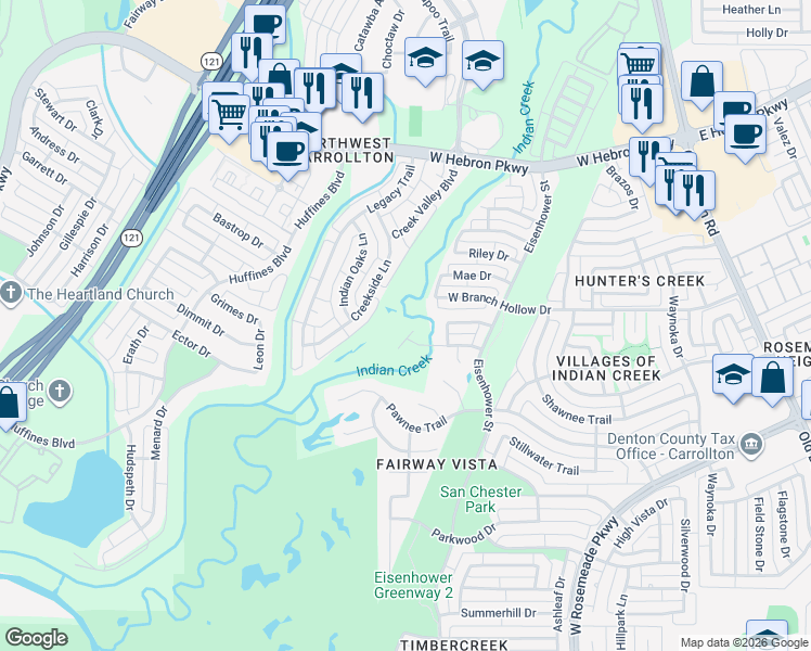 map of restaurants, bars, coffee shops, grocery stores, and more near 3821 Island Ct in Carrollton
