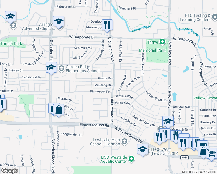 map of restaurants, bars, coffee shops, grocery stores, and more near 1301 Mustang Drive in Lewisville