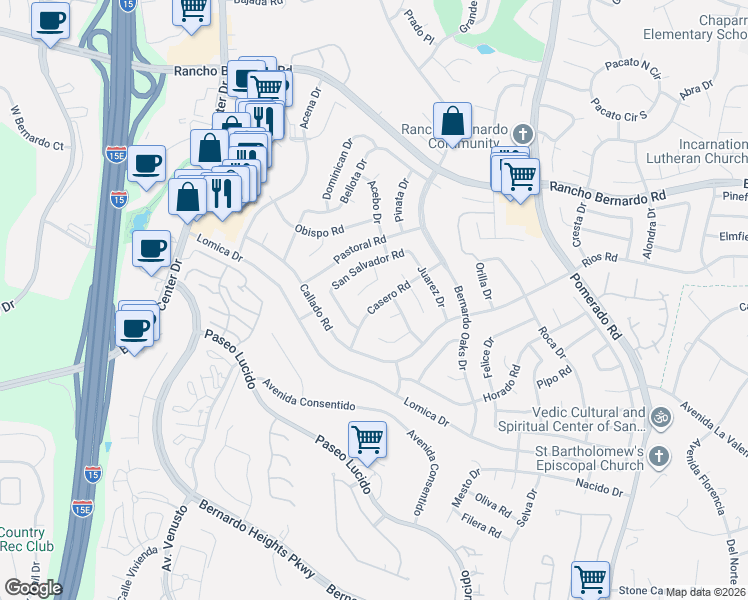 map of restaurants, bars, coffee shops, grocery stores, and more near 16590 Casero Road in San Diego
