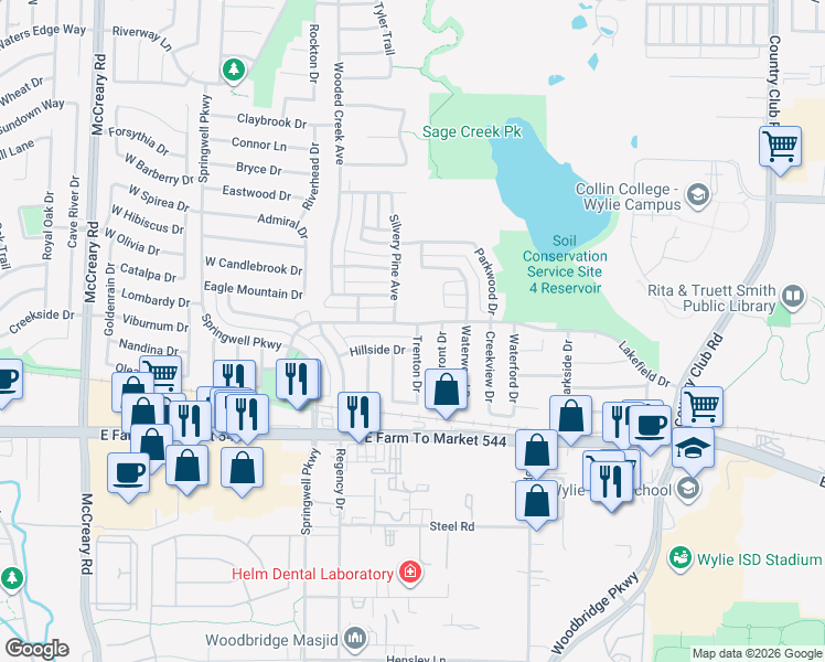 map of restaurants, bars, coffee shops, grocery stores, and more near 2601 Lakefield Drive in Wylie