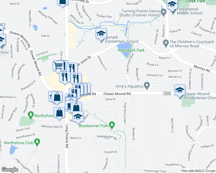 map of restaurants, bars, coffee shops, grocery stores, and more near 2100 Steppington Avenue in Flower Mound