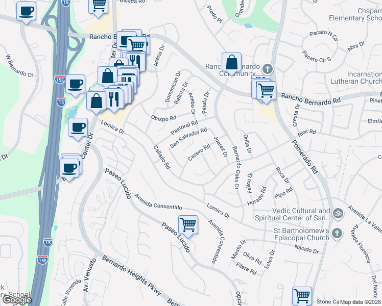 map of restaurants, bars, coffee shops, grocery stores, and more near 16610 Casero Road in San Diego