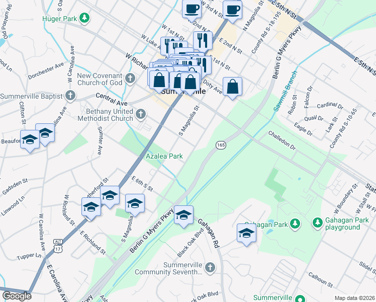 map of restaurants, bars, coffee shops, grocery stores, and more near 316 South Gum Street in Summerville