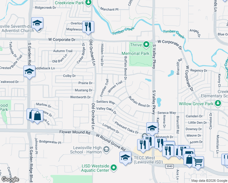 map of restaurants, bars, coffee shops, grocery stores, and more near 2015 Woven Trail in Lewisville