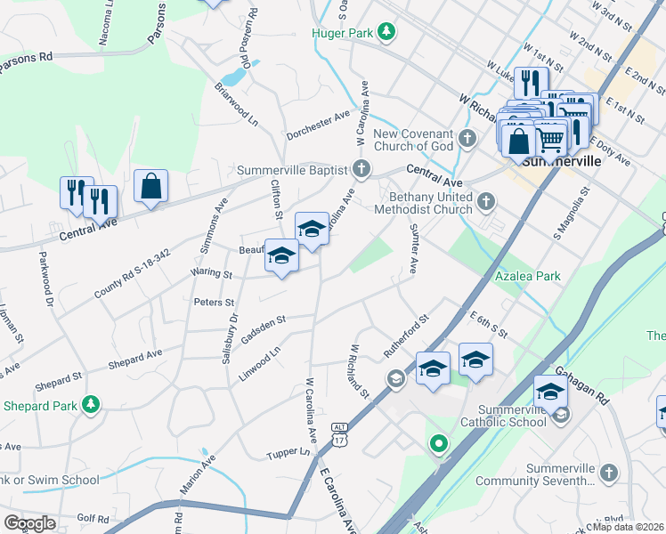 map of restaurants, bars, coffee shops, grocery stores, and more near 407 West Carolina Avenue in Summerville