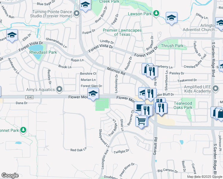 map of restaurants, bars, coffee shops, grocery stores, and more near 2116 Kings Forest Lane in Flower Mound