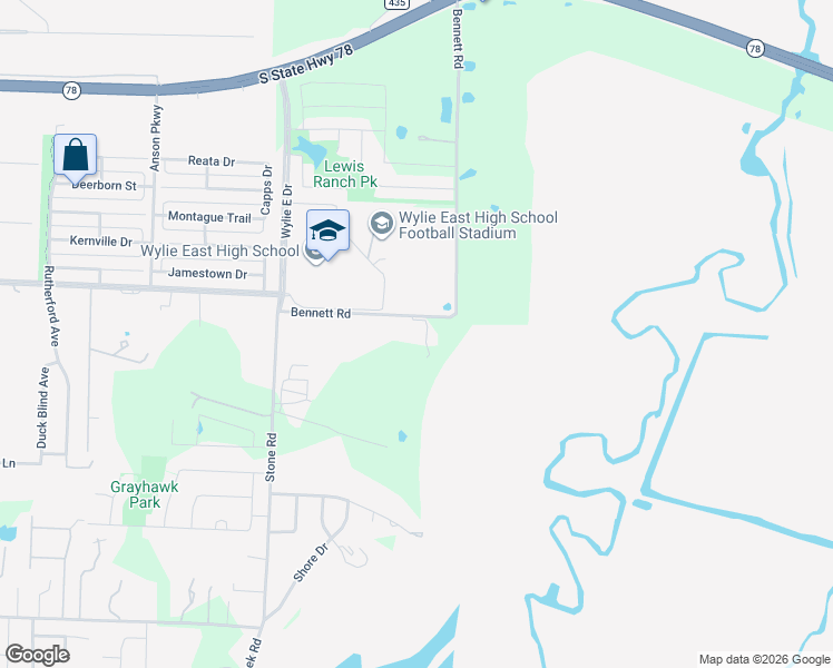 map of restaurants, bars, coffee shops, grocery stores, and more near 5092 Bennett Road in Wylie