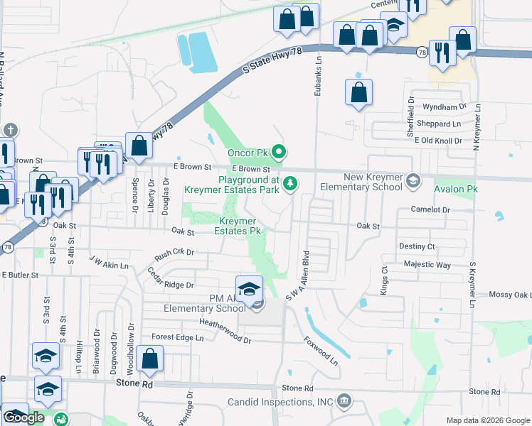 map of restaurants, bars, coffee shops, grocery stores, and more near 1001 Queensgate Drive in Wylie