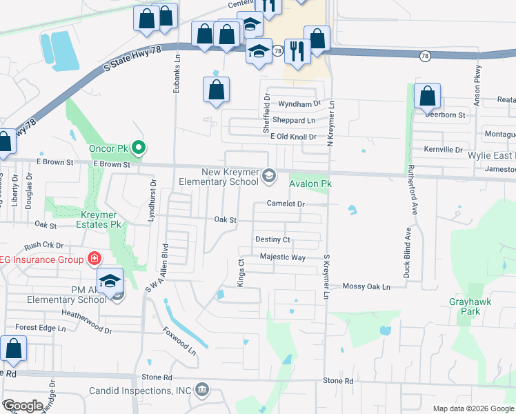 map of restaurants, bars, coffee shops, grocery stores, and more near 1100 Camelot Drive in Wylie