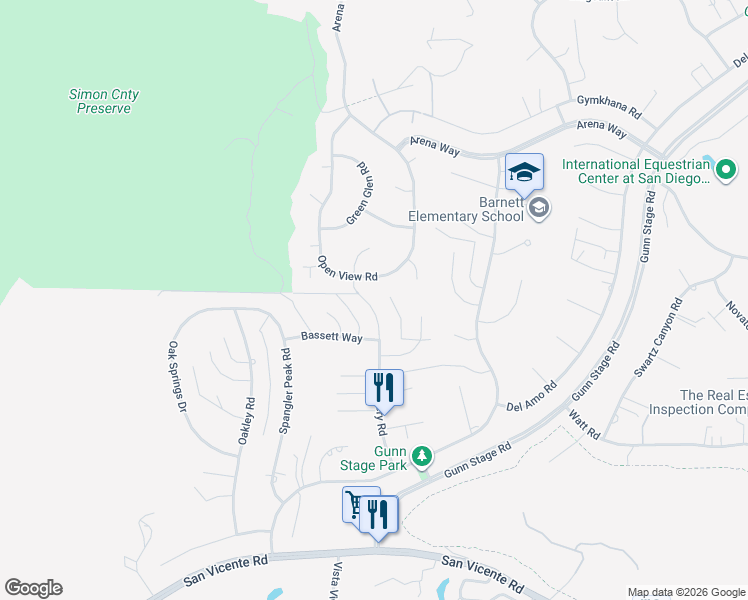 map of restaurants, bars, coffee shops, grocery stores, and more near 16327 Scarbery Road in Ramona