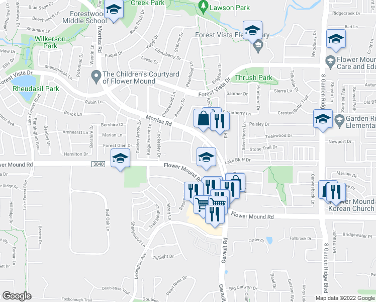 map of restaurants, bars, coffee shops, grocery stores, and more near 2117 Gisbourne Drive in Flower Mound