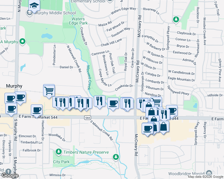 map of restaurants, bars, coffee shops, grocery stores, and more near 143 Creekside Drive in Murphy