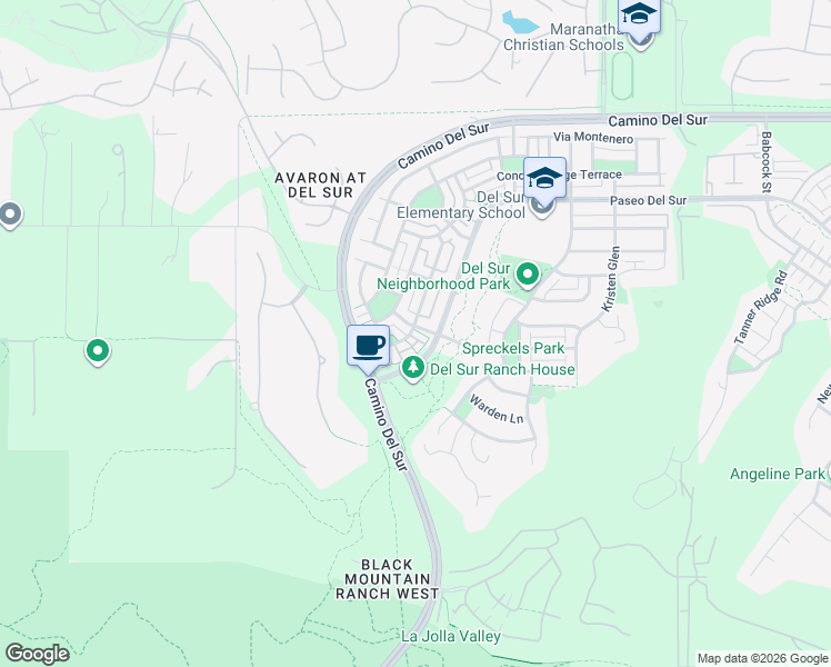 map of restaurants, bars, coffee shops, grocery stores, and more near 15499 Bristol Ridge Terrace in San Diego