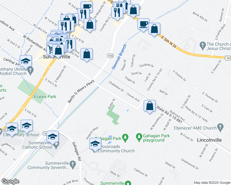 map of restaurants, bars, coffee shops, grocery stores, and more near 519 East Richardson Avenue in Summerville