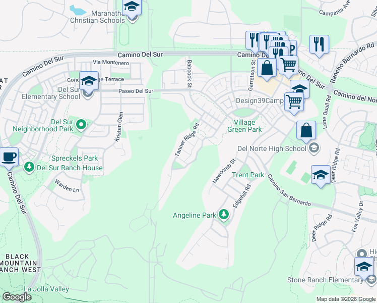 map of restaurants, bars, coffee shops, grocery stores, and more near 15713 Tanner Ridge Road in San Diego