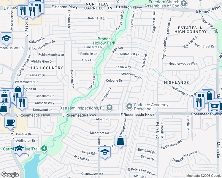 map of restaurants, bars, coffee shops, grocery stores, and more near 3745 Verlaine Drive in Carrollton